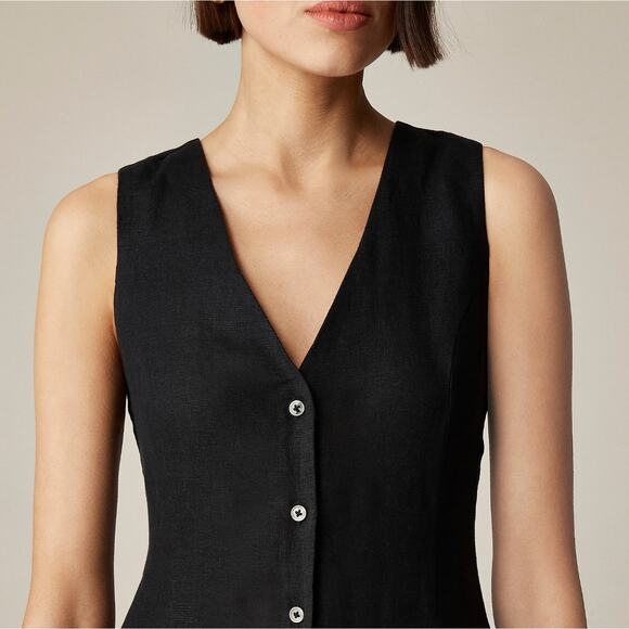 J.Crew Linen Mini Dress A Line Black Minimalist Classic Cinched V Neck US 10 NWT - Picture 3 of 12